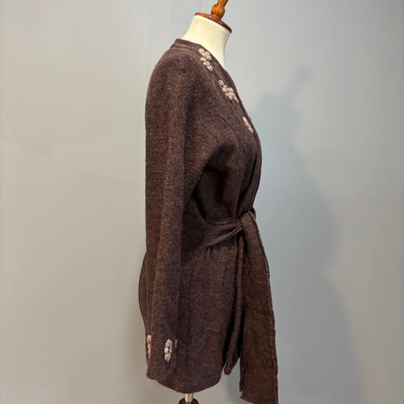 Vintage 90s Y2K Cynthia Rowley floral-trim brown wool tie sweater coat, Size M - Picture 4 of 9